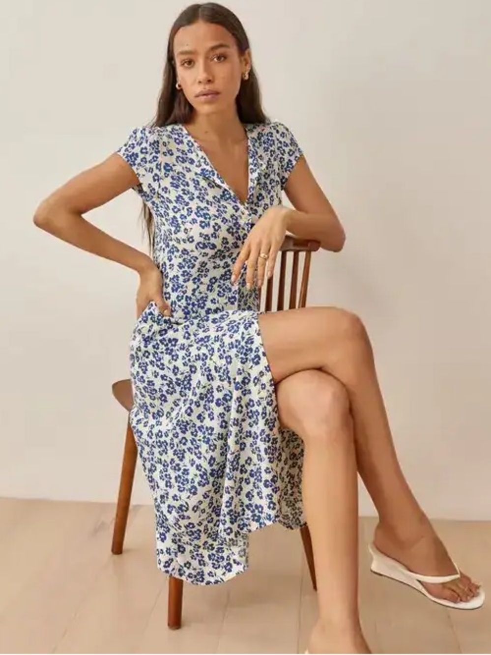 Reformation Fauna Midi Dress in Milanesa - White/Blue Floral - Size 6
